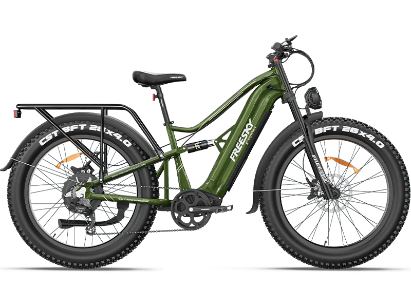 Green Freesky Swift Horse Pro X-6E electric bike, side view, displayed on a white background