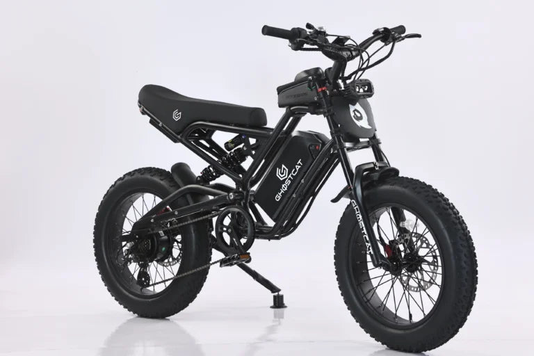 Black eBike Ghostcat F3 Class 2 electric bicycle, side view, against a dark background