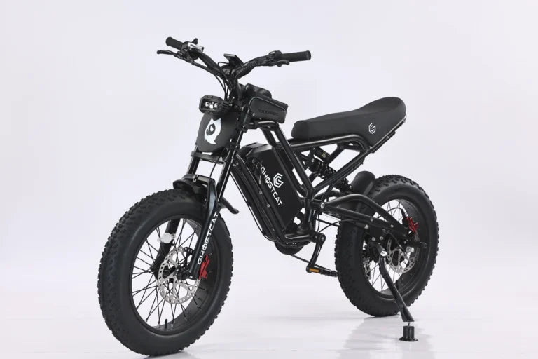 Black eBike Ghostcat F3 Class 2 electric bicycle, side view, against a dark background