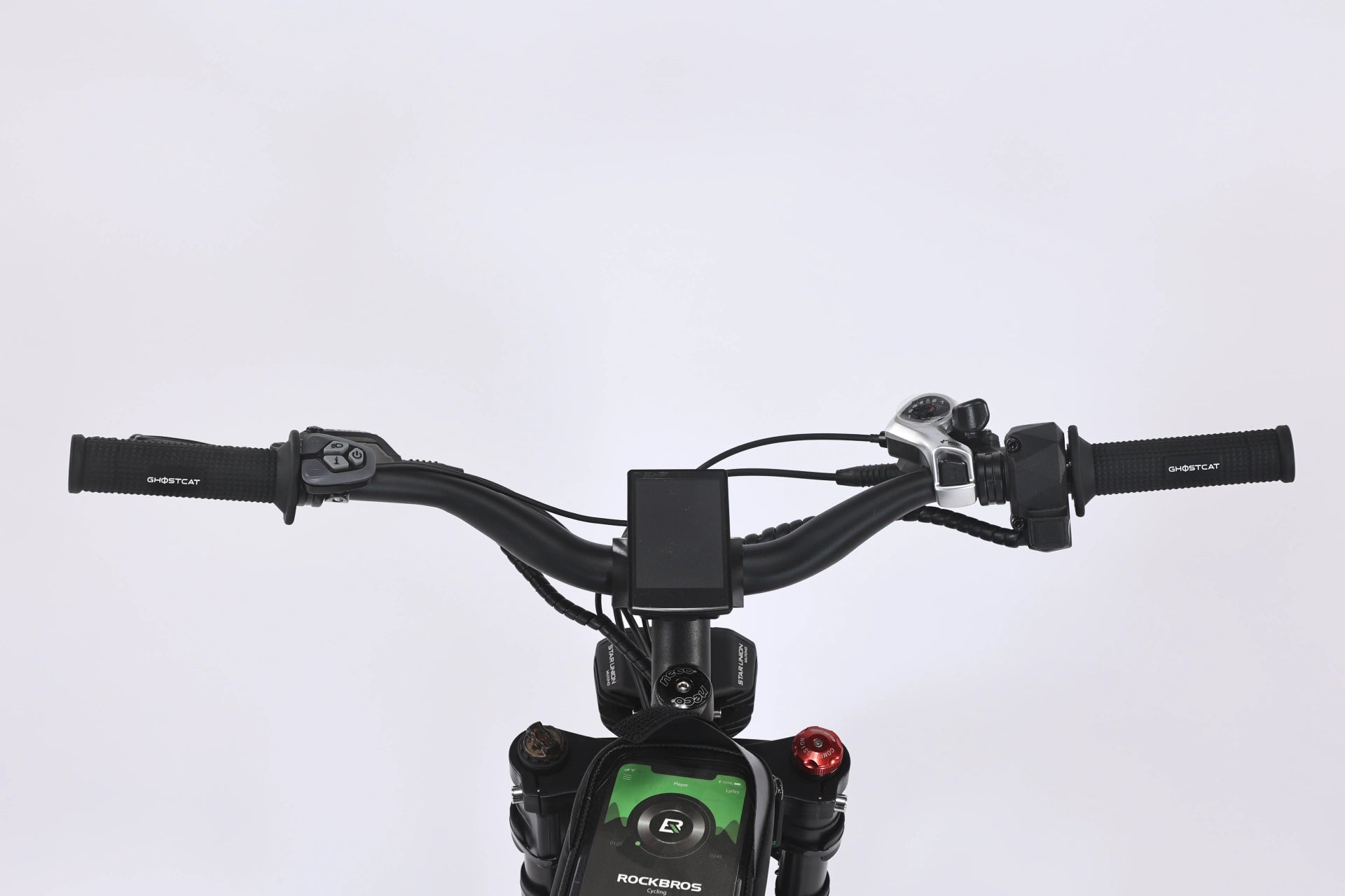 Side view of the eBike Ghostcat F3 Class 2 in a studio setting, showcasing its sleek frame, front suspension fork, wide tires, and integrated battery.