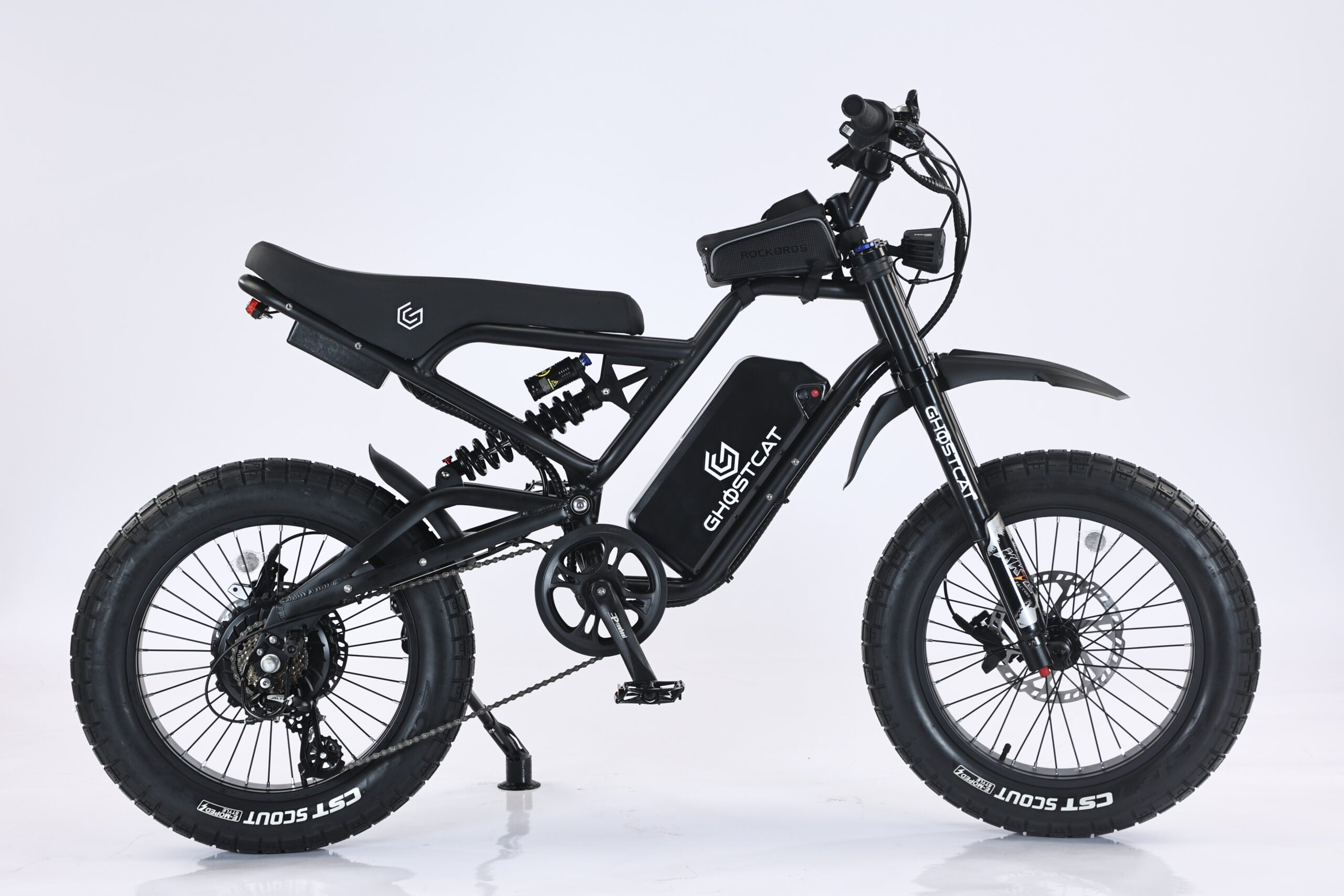 Black eBike Ghostcat F3X.2, side view, blackout edition, displayed on a white background.