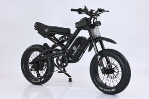 Black electric eBike Ghostcat F3X.2, side view, with thick tires and minimalist frame design, set against a dark background.