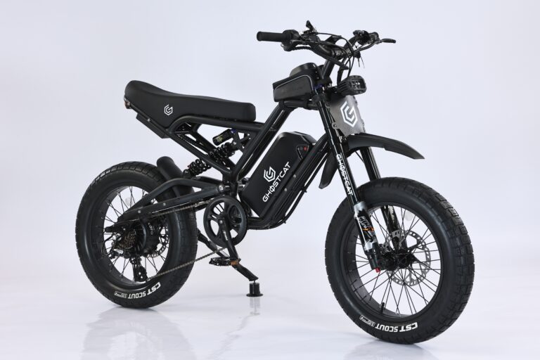 Black electric eBike Ghostcat F3X.2, side view, with thick tires and minimalist frame design, set against a dark background.