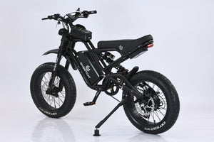Black electric eBike Ghostcat F3X.2, side view, blackout edition, sleek modern frame, thick tires, and integrated battery.