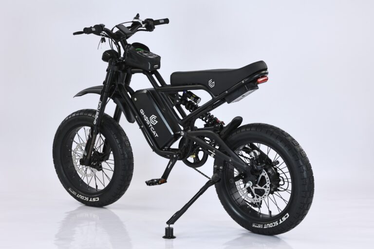Black electric eBike Ghostcat F3X.2, side view, blackout edition, sleek modern frame, thick tires, and integrated battery.