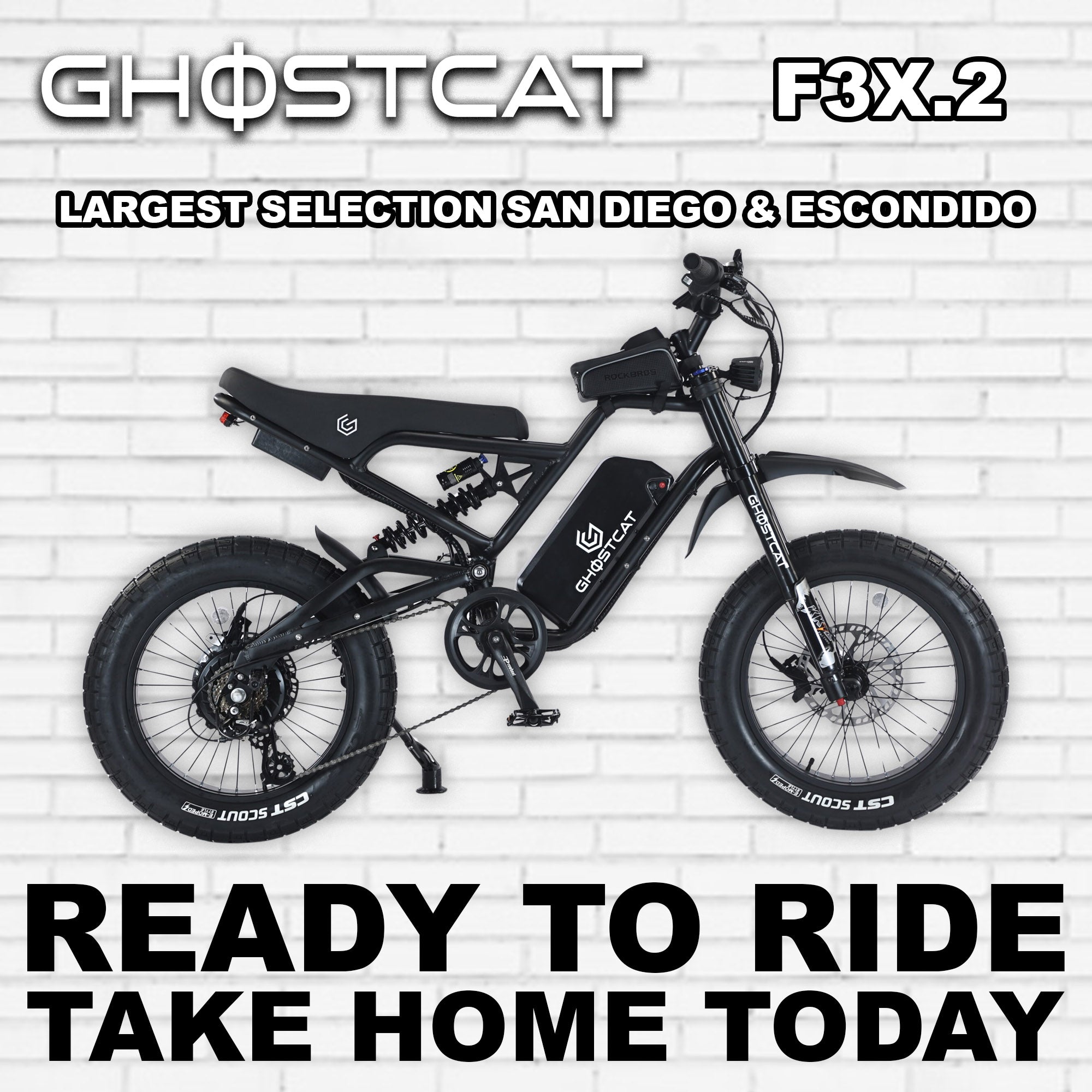 Side view of the eBike Ghostcat F3X.2 in R2R Blackout color, showcasing its sleek black frame, thick tires, and modern design against a plain background.