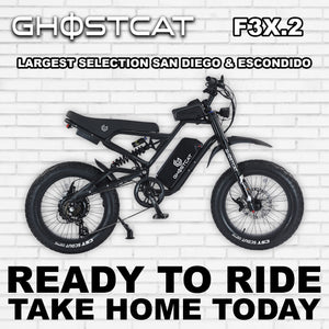 Side view of the eBike Ghostcat F3X.2 in R2R Blackout color, showcasing its sleek black frame, thick tires, and modern design against a plain background.