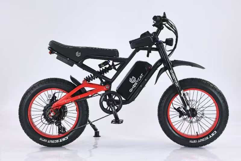 Red eBike Ghostcat F3X.2 side view, showcasing frame design and features