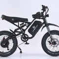 A black Ghostcat F4X Hunter eBike displayed against a dark background, showcasing its rugged frame, thick tires, and modern design features.