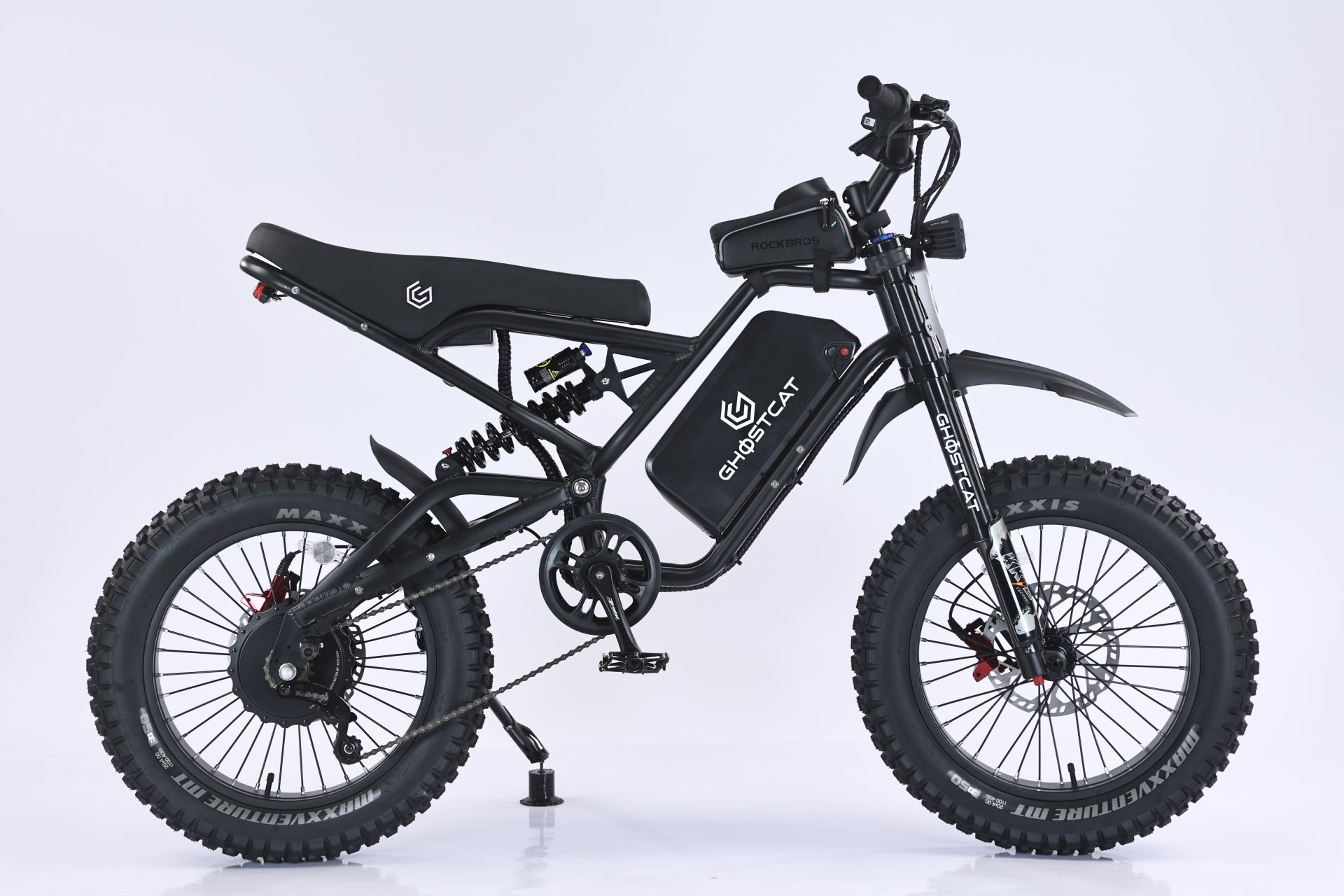 Black and stainless steel eBike Ghostcat F4X side view, showcasing sleek frame and modern design