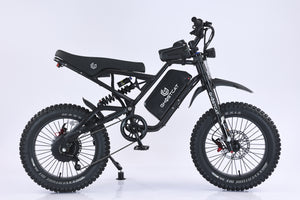 Black and white product image of the eBike Ghostcat F4X, showing a side view of the electric bicycle with its distinctive frame, thick tires, and modern design.