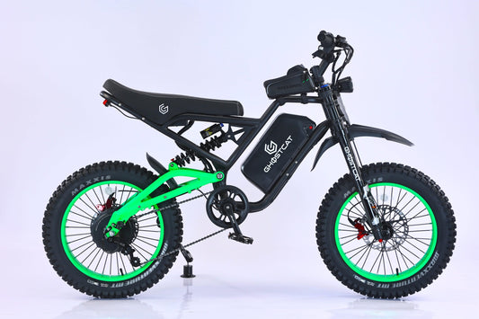 Neon green eBike Ghostcat F4X side view, showcasing frame design and electric motor