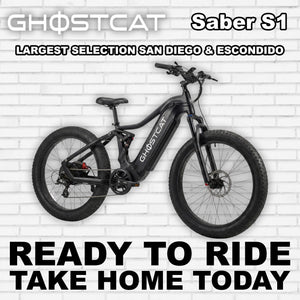 Black eBike Ghostcat Saber S1, side view, R2R Blackout edition, against a plain background