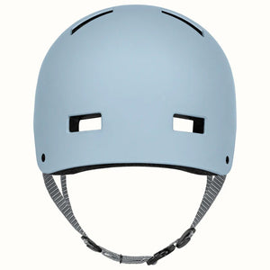 Matte crystal blue Retrospec Dakota eBike helmet, side view, with ventilation holes and adjustable straps