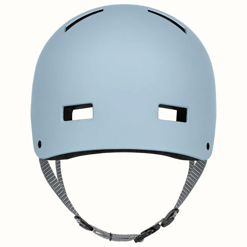 Matte crystal blue Retrospec Dakota eBike helmet, side view, with ventilation holes and adjustable straps