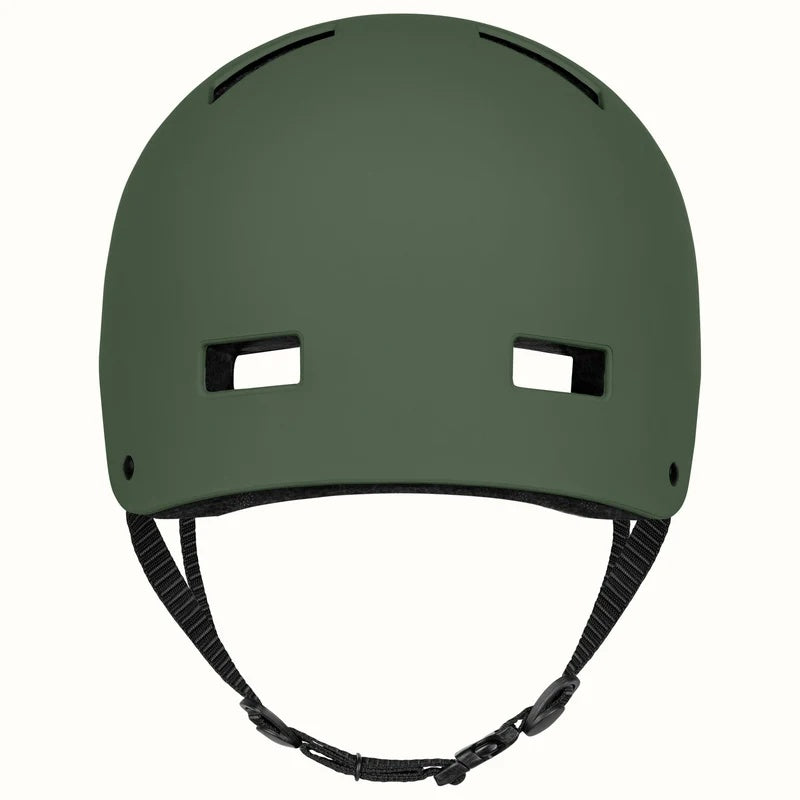 Matte forest green Retrospec Dakota eBike helmet, side view, with adjustable straps and ventilation holes