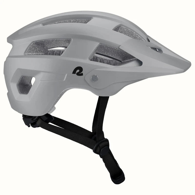 Matte stone gray Retrospec Rowan mountain bike helmet for eBikes, side view, with adjustable straps and ventilation holes