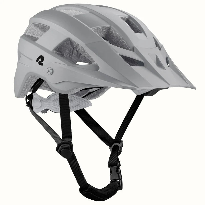 Matte stone gray Retrospec Rowan mountain bike helmet for eBikes, side view, with adjustable straps and ventilation holes