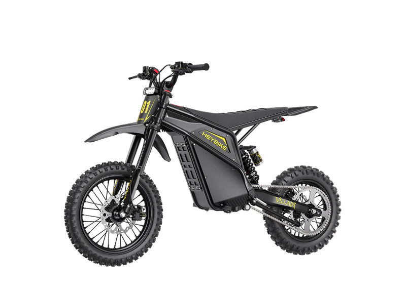 Heybike Villain electric bike in Midnight Black, side view, showcasing rugged frame and fat tires