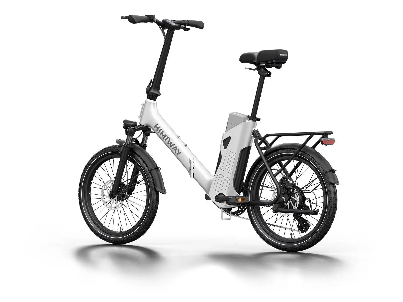 White Himiway B3 electric bike side view, showcasing frame design, wheels, and battery compartment against a plain background.