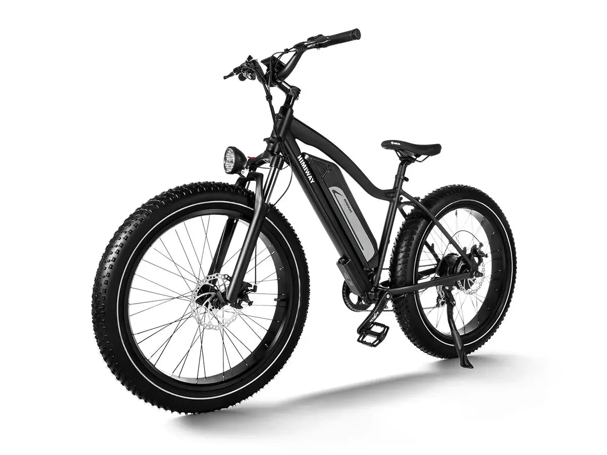 Side view of a black Himiway C3 Cruiser Step Over eBike, showcasing its frame, wheels, and handlebars against a plain background.