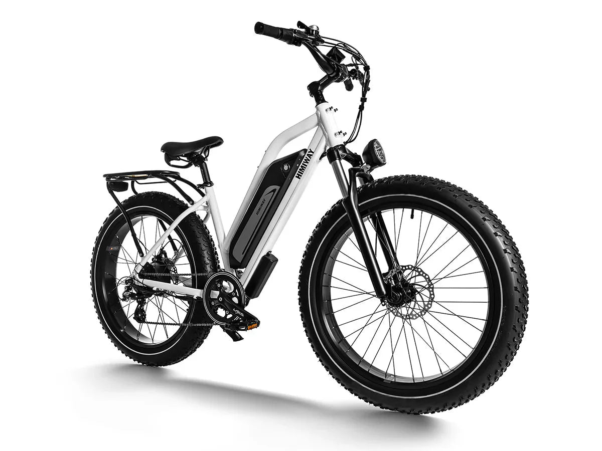 HIMIWAY Cruiser ST D3 750W step-thru electric bike with 26x4 fat tires, mountain eBike, product image showing the bike's frame and features.