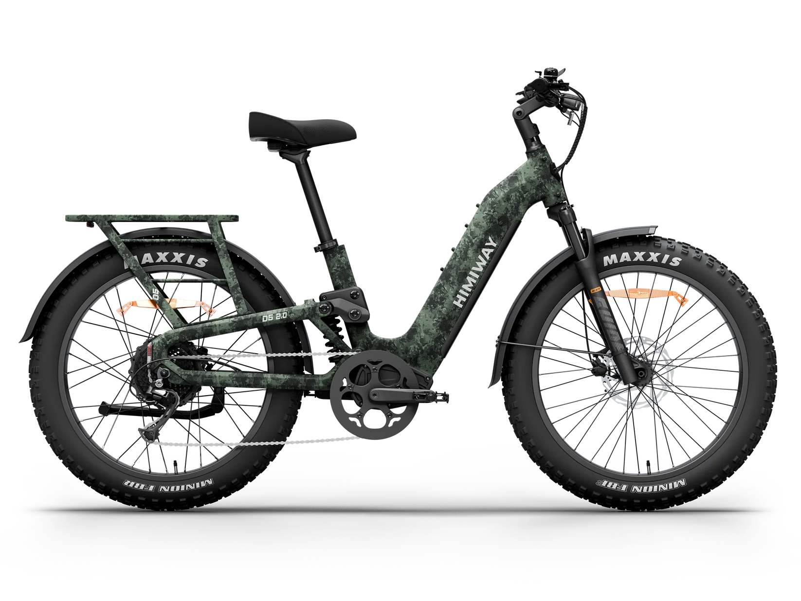 Himiway D5 2.0 electric bike in camouflage color, side view, displayed on a white background.