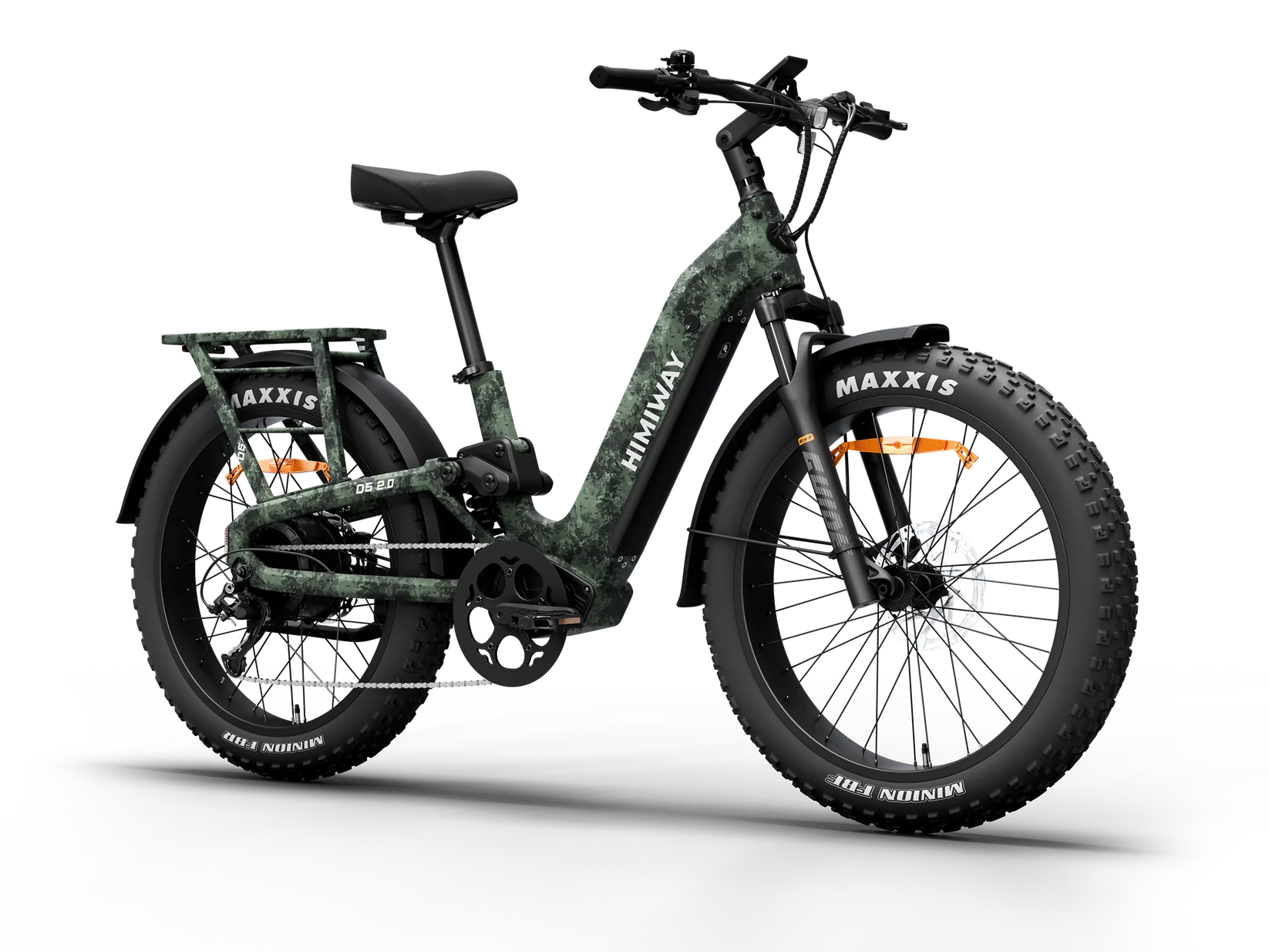 Side view of the Himiway D5 2.0 electric bike in camouflage color, showcasing its fat tires, sturdy frame, and rear cargo rack.