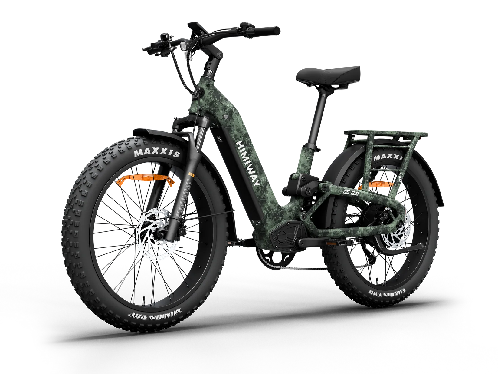 Side view of the Himiway D5 2.0 electric bike in camouflage color, showcasing its fat tires, sturdy frame, and rear cargo rack against a plain background.