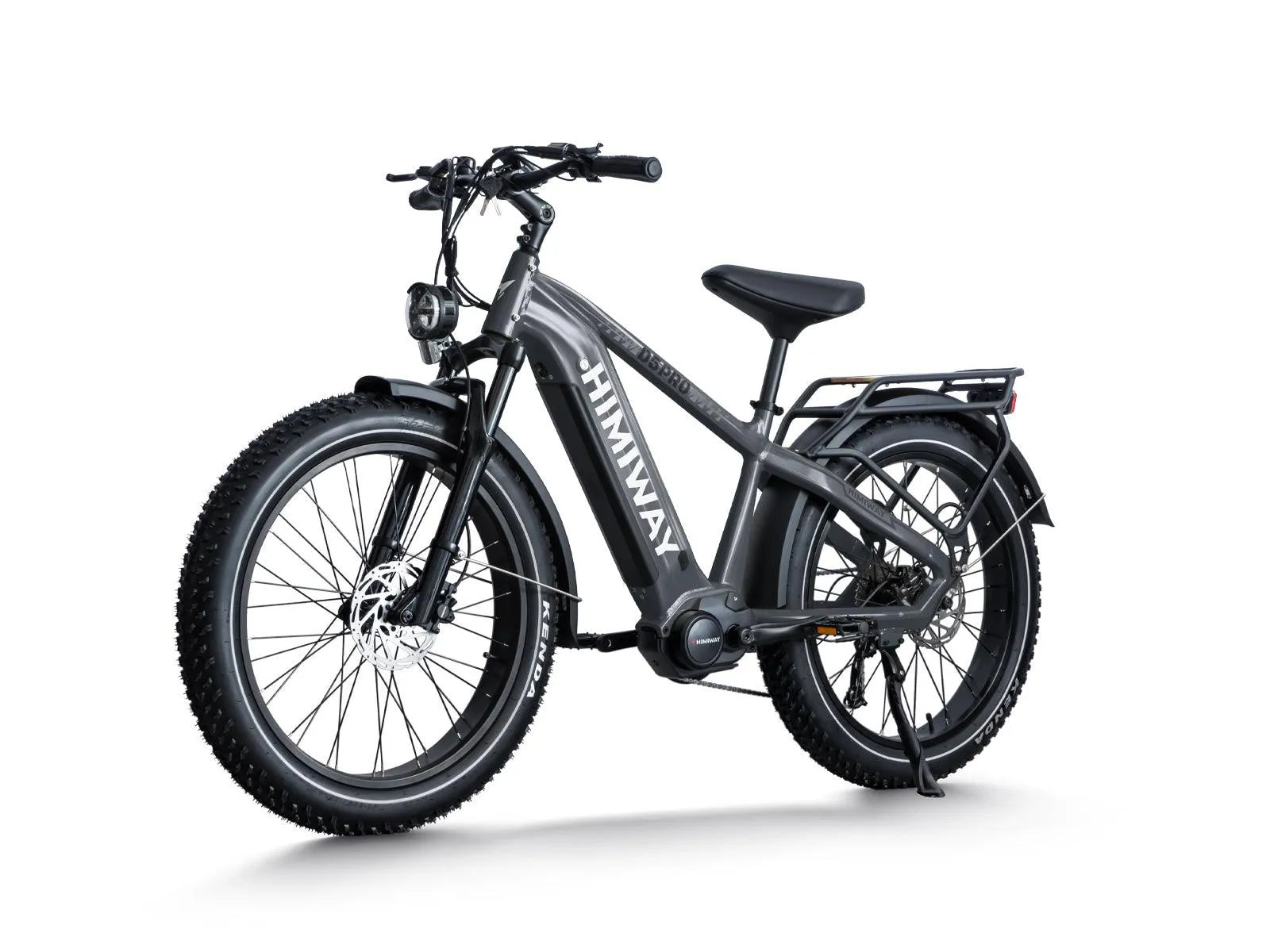 Side view of the Himiway D5 Pro Step Over eBike in space grey, showcasing its sturdy frame, thick tires, and battery compartment.