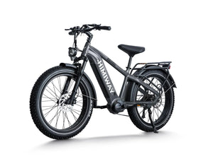 Side view of the Himiway D5 Pro Step Over eBike in space grey, showcasing its sturdy frame, thick tires, and battery compartment.