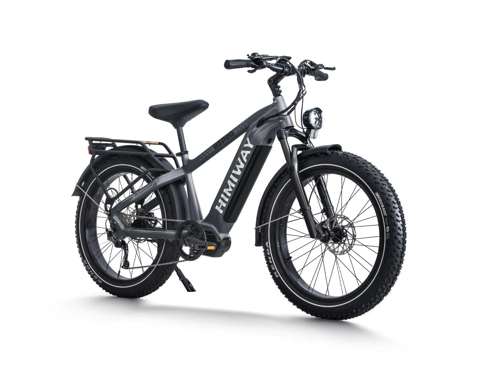 Side view of the Himiway D5 Pro Step Over eBike in space grey, showcasing its sturdy frame, thick tires, and battery compartment.