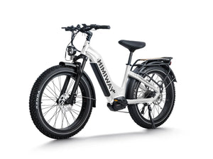 White Himiway D5 Pro Step-Thru electric bike side view, showcasing frame design, battery, and wheels against a plain background.