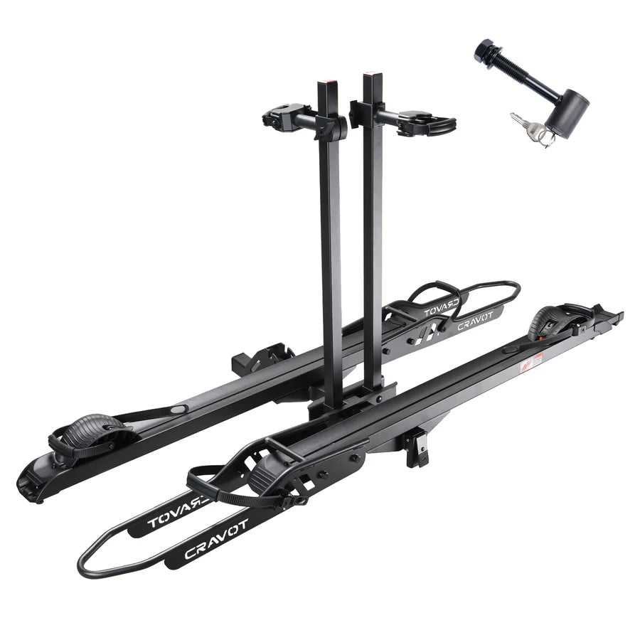 Product image of the Cravot CyberRack R2 eBike hitch rack with integrated ramp accessory, shown mounted on a vehicle.