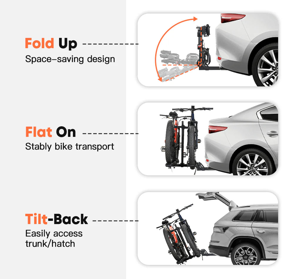 A black Cravot CyberRack R2 eBike hitch rack with an integrated ramp accessory, shown mounted on the back of a vehicle, holding two electric bikes securely.