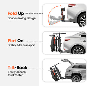 A black Cravot CyberRack R2 eBike hitch rack with an integrated ramp accessory, shown mounted on the back of a vehicle, holding two electric bikes securely.