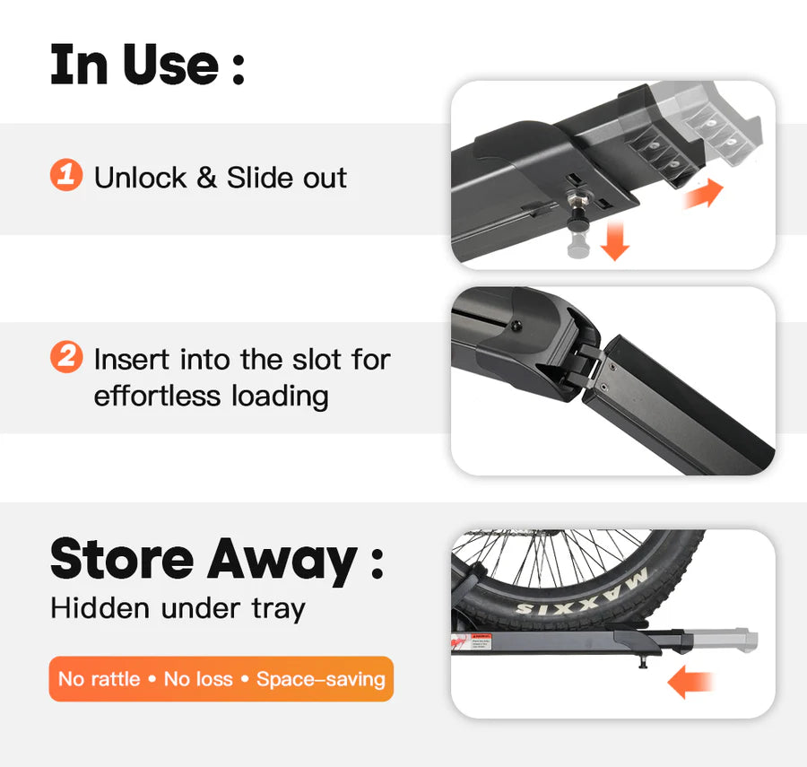 Cravot CyberRack R2 eBike hitch rack with integrated ramp accessory, shown mounted on a vehicle, holding two electric bikes securely.