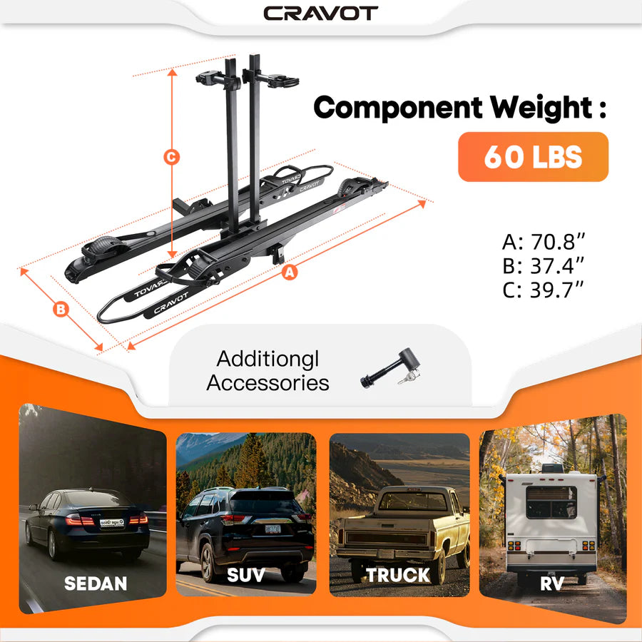 Cravot CyberRack R2 eBike hitch rack with integrated ramp accessory, shown mounted on a vehicle, holding two electric bikes securely.