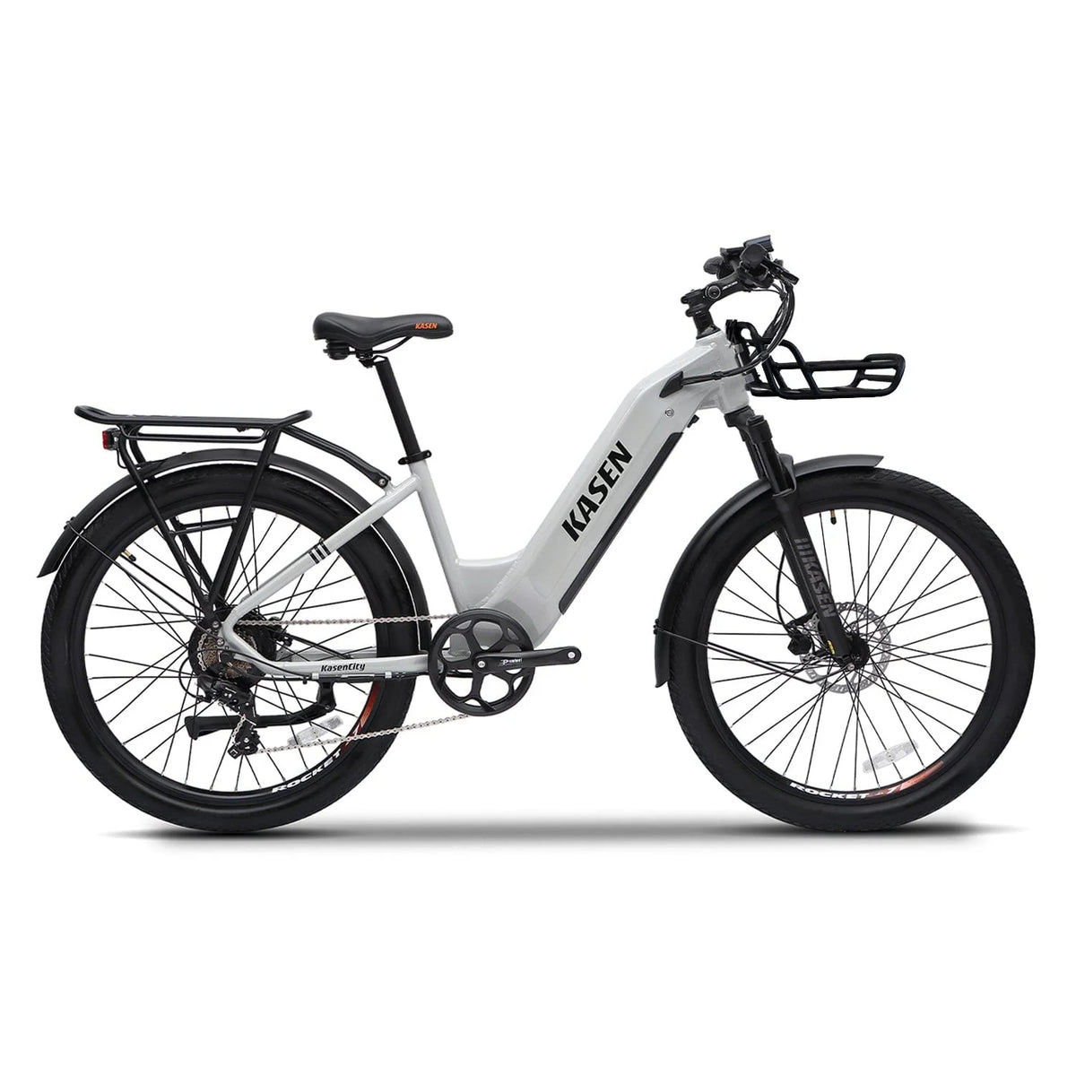 Kasen City 2.0 electric bike in gray, packaged inside a cardboard shipping box, partially visible with protective materials, product model "in box grey 5".