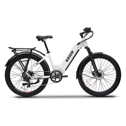 Gray Kasen City 2.0 eBike packaged in a white box, product image showing the boxed bicycle on a white background.