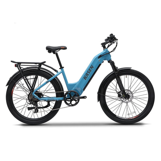 Blue Kasen City 2.0 electric bike side view, featuring a step-through frame, black saddle, and rear cargo rack.