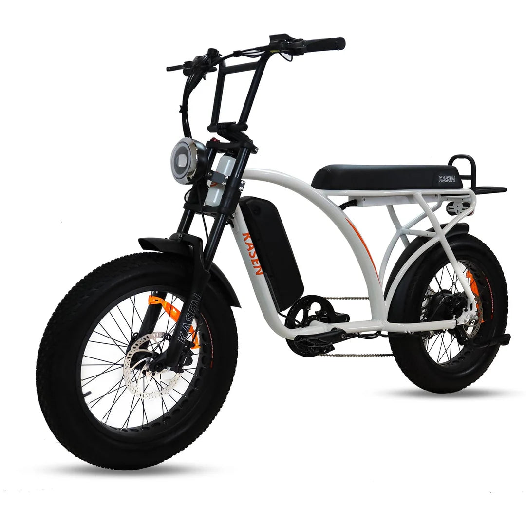 White Kasen Kabbit Classic eBike side view, showcasing step-through frame, black saddle, and rear cargo rack.