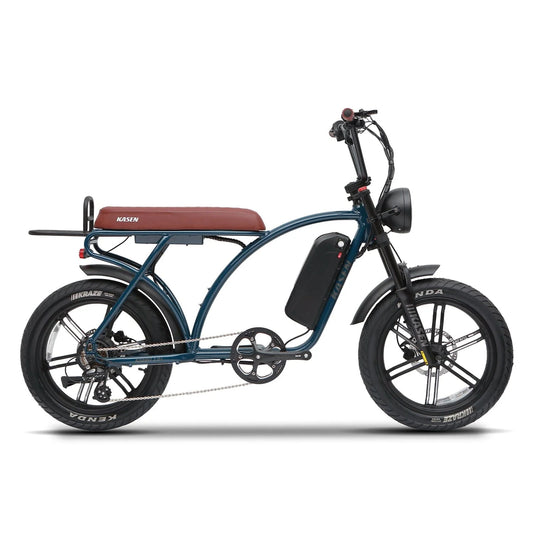 Blue Kasen Kabbit Plus eBike, ready to ride, shown in side view with options for 14.5AH and 17.5AH battery sizes.