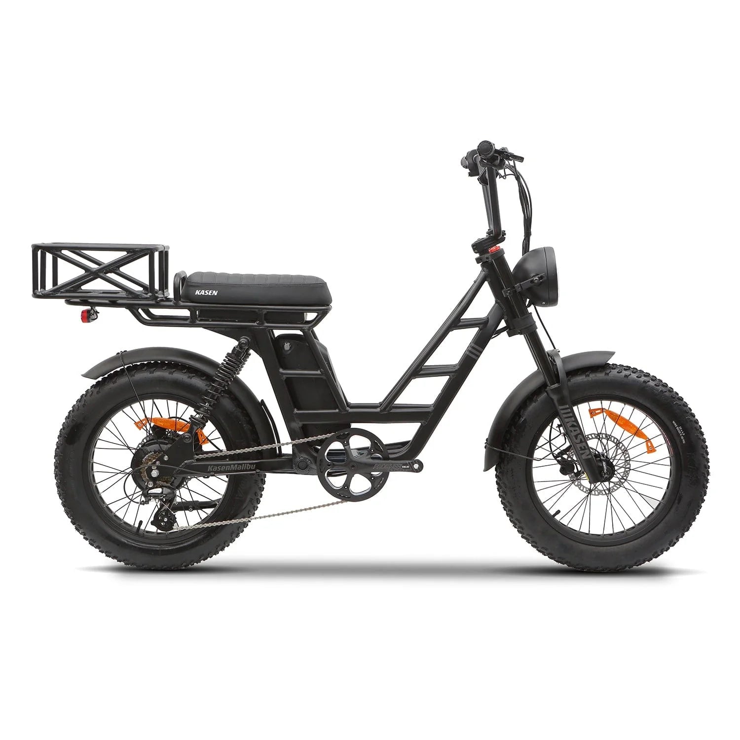 Black Kasen Malibu Step Thru eBike, side view, against a white background