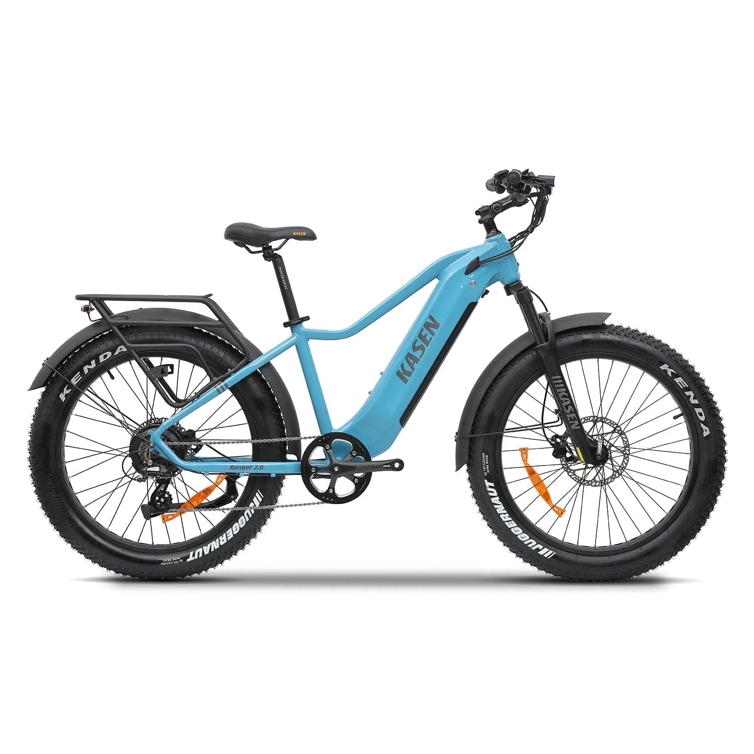 Blue Kasen Ranger 2.0 electric bike side view with black tires and battery pack
