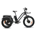 Black Kasen electric trike with three wheels, front basket, and rear cargo rack, shown from a side angle.