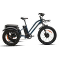 Blue Kasen electric trike with three wheels, front basket, and rear cargo rack, displayed on a white background.