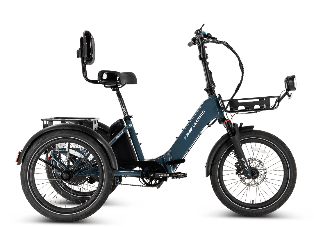 Lectric XP Trike 2 electric tricycle in Dusk Blue, side view, product image