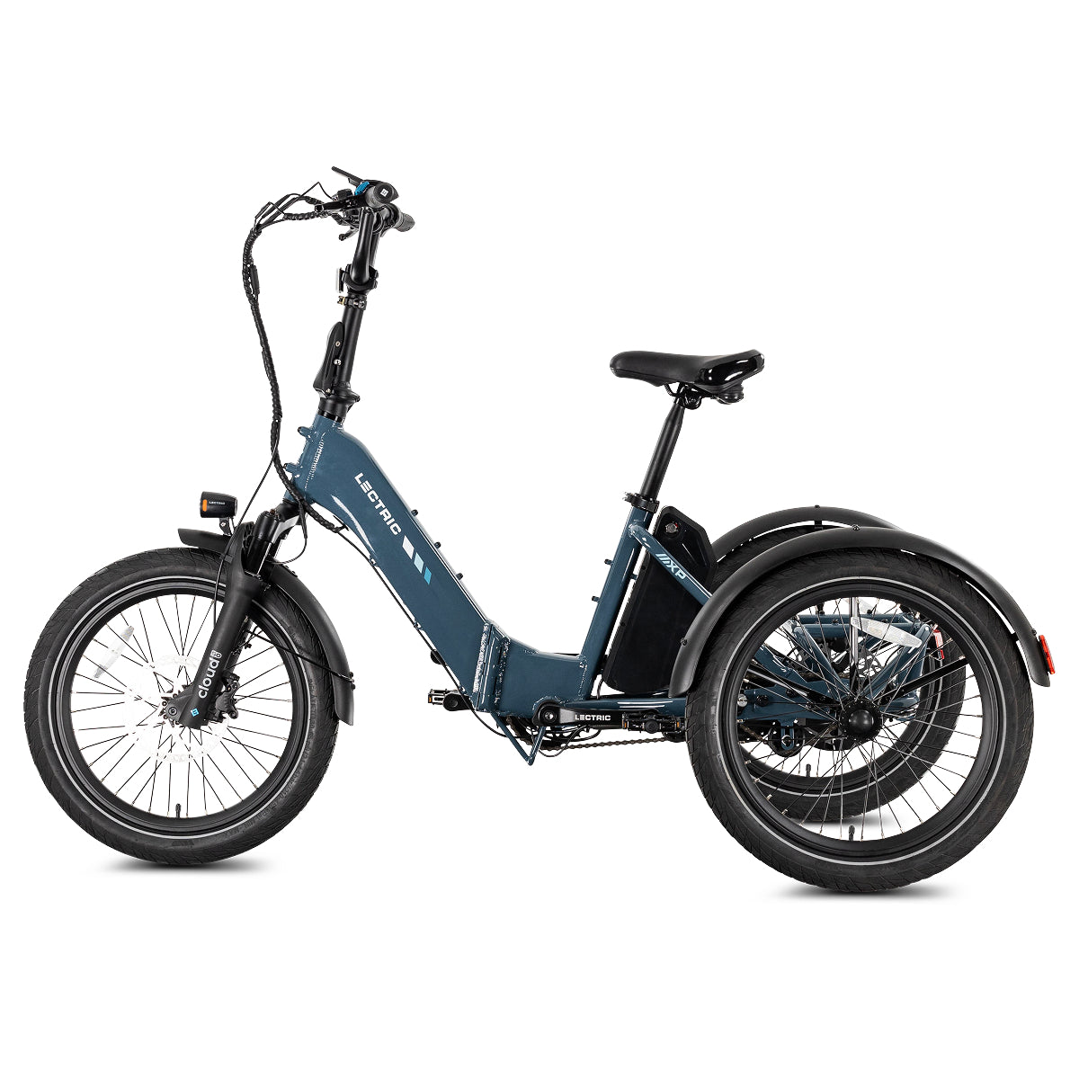 Lectric XP Trike2 electric tricycle in Dusk Blue, left side view