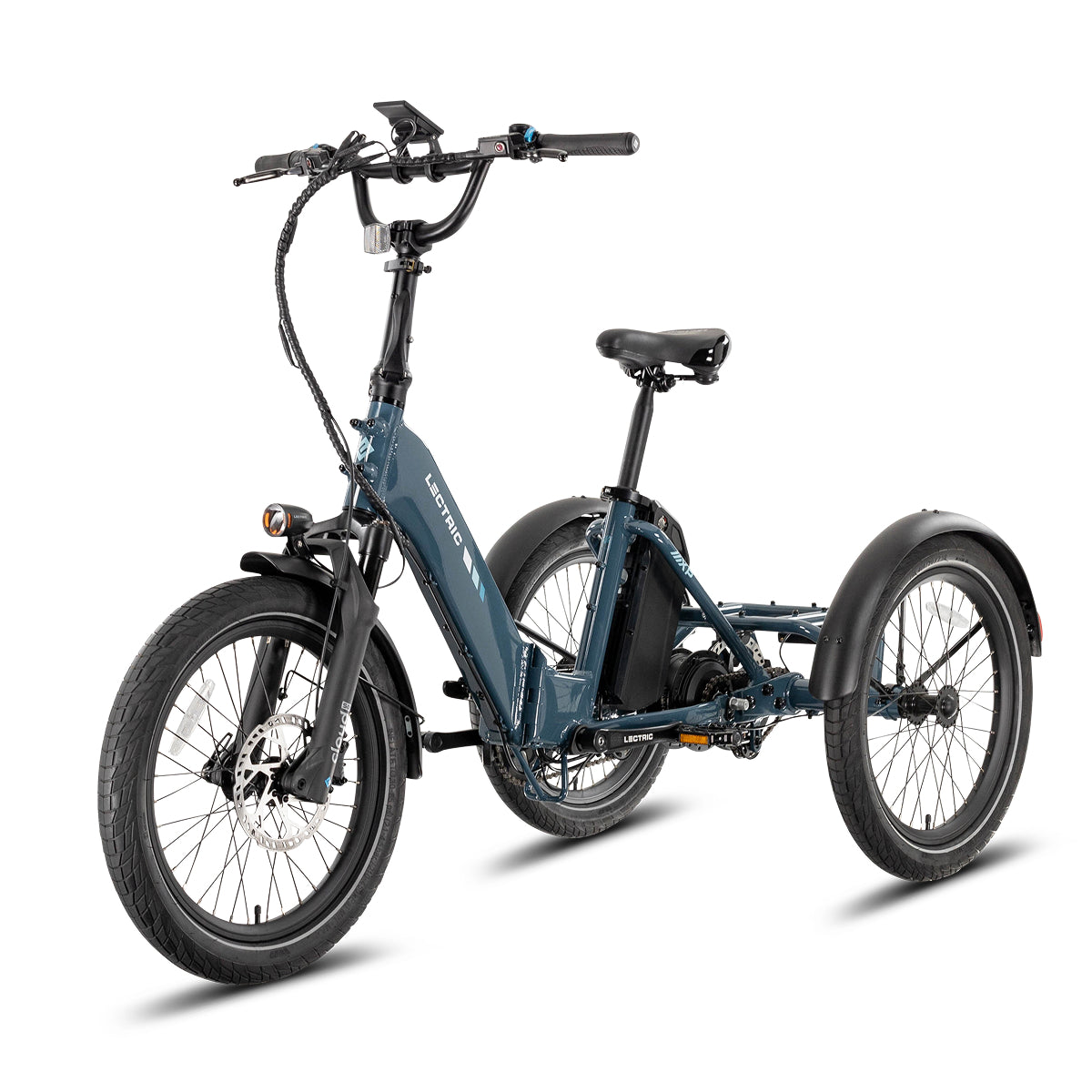 Lectric XP Trike2 electric tricycle in Dusk Blue, front three-quarter view from the left